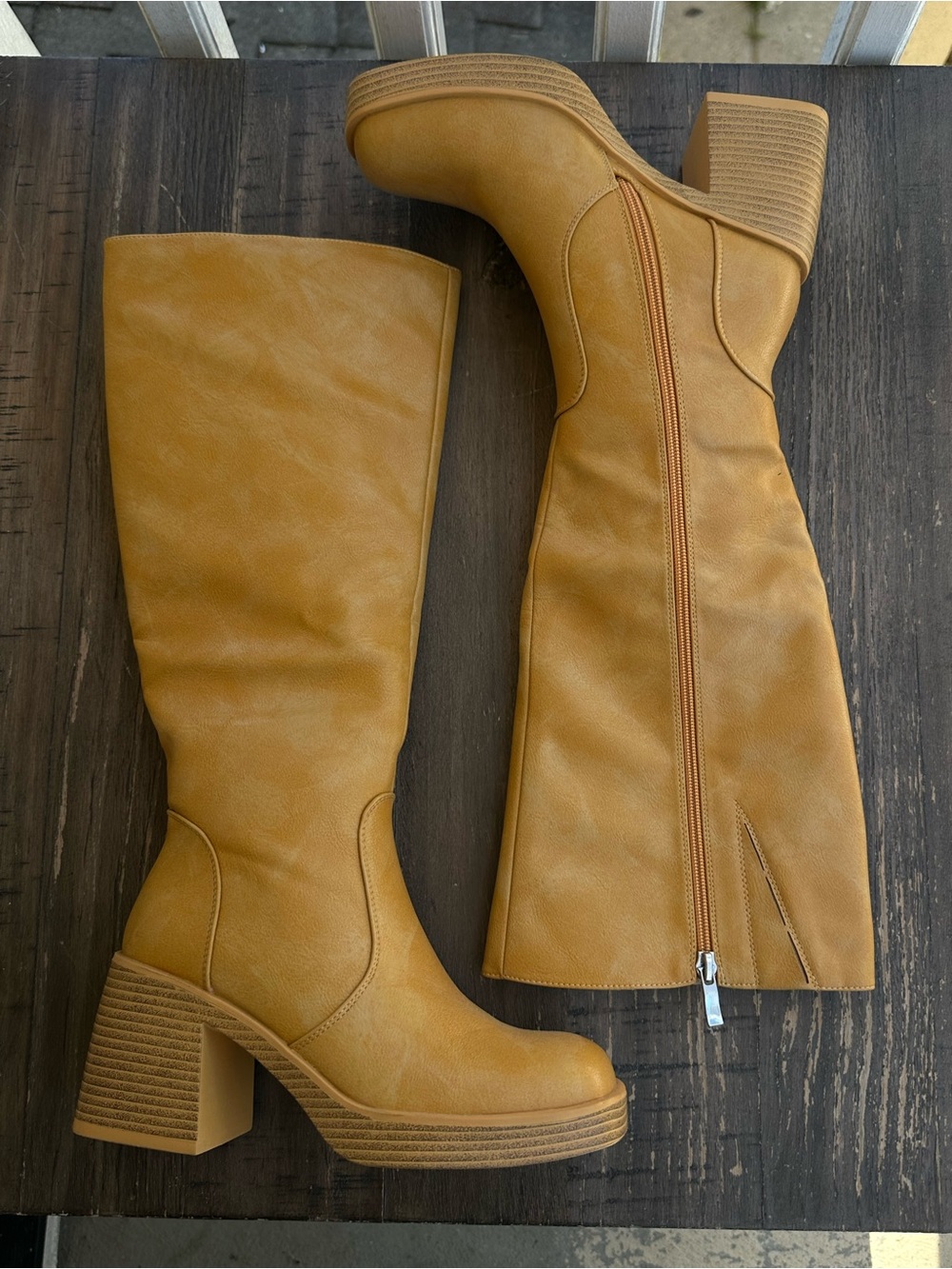 Platform Knee-High Boots in Mustard Tone
